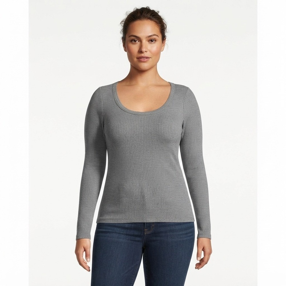 SPANX Gray Ribbed Long Sleeve Scoop Neck Top Size Small Slim Fit Layering Basic